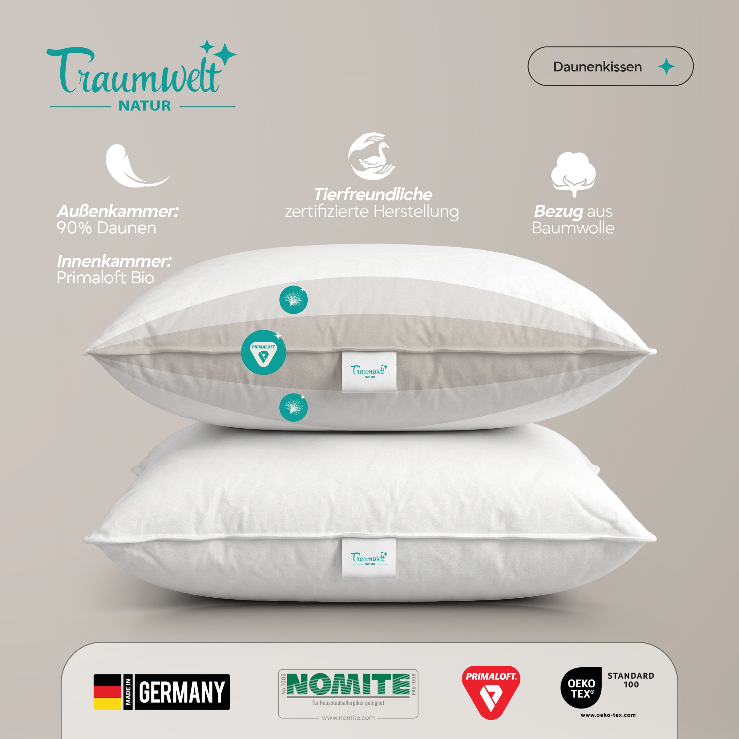 3-Kammer Hybrid Kissen – Daunen & Primaloft Bio