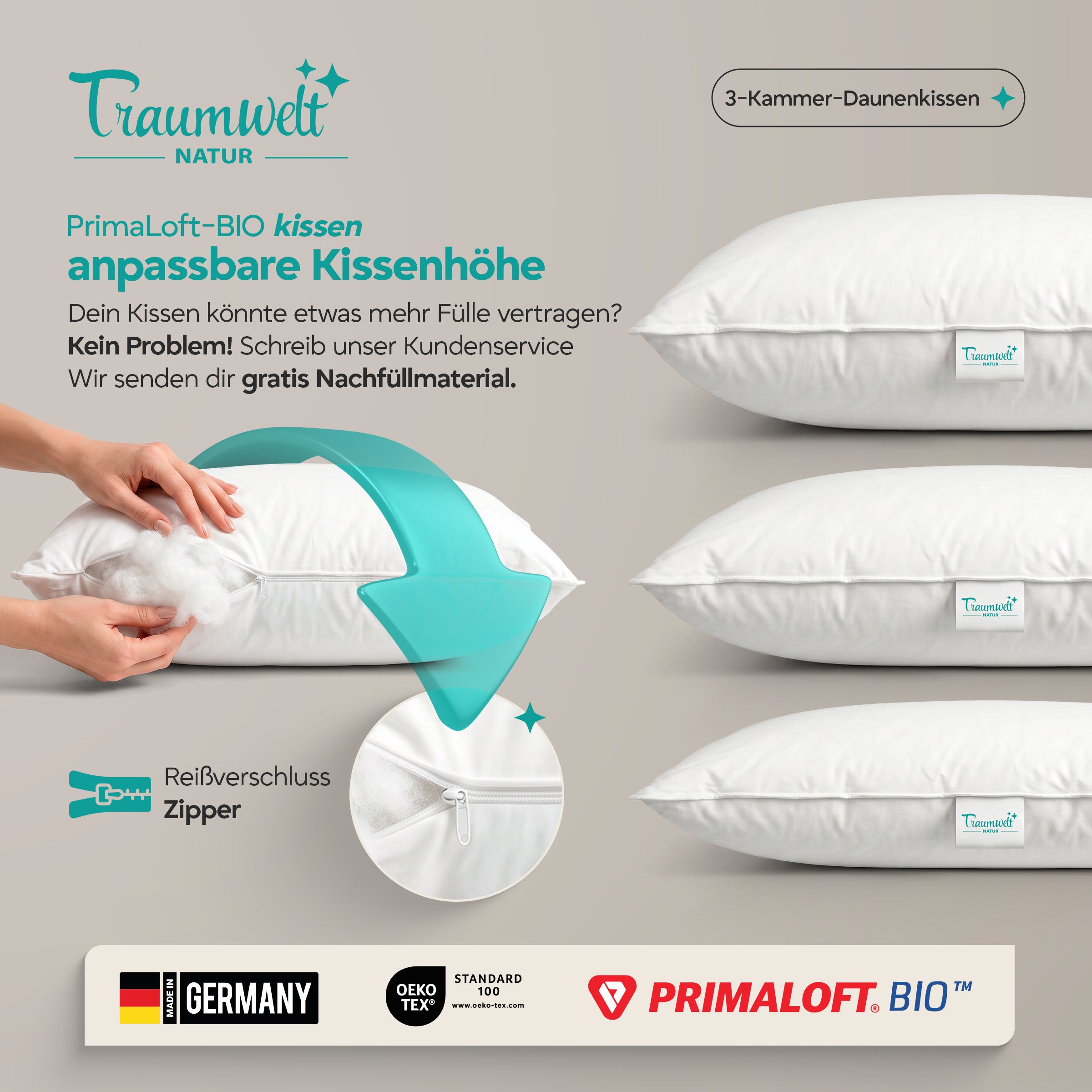 3-Kammer Hybrid Kissen – Daunen & Primaloft Bio