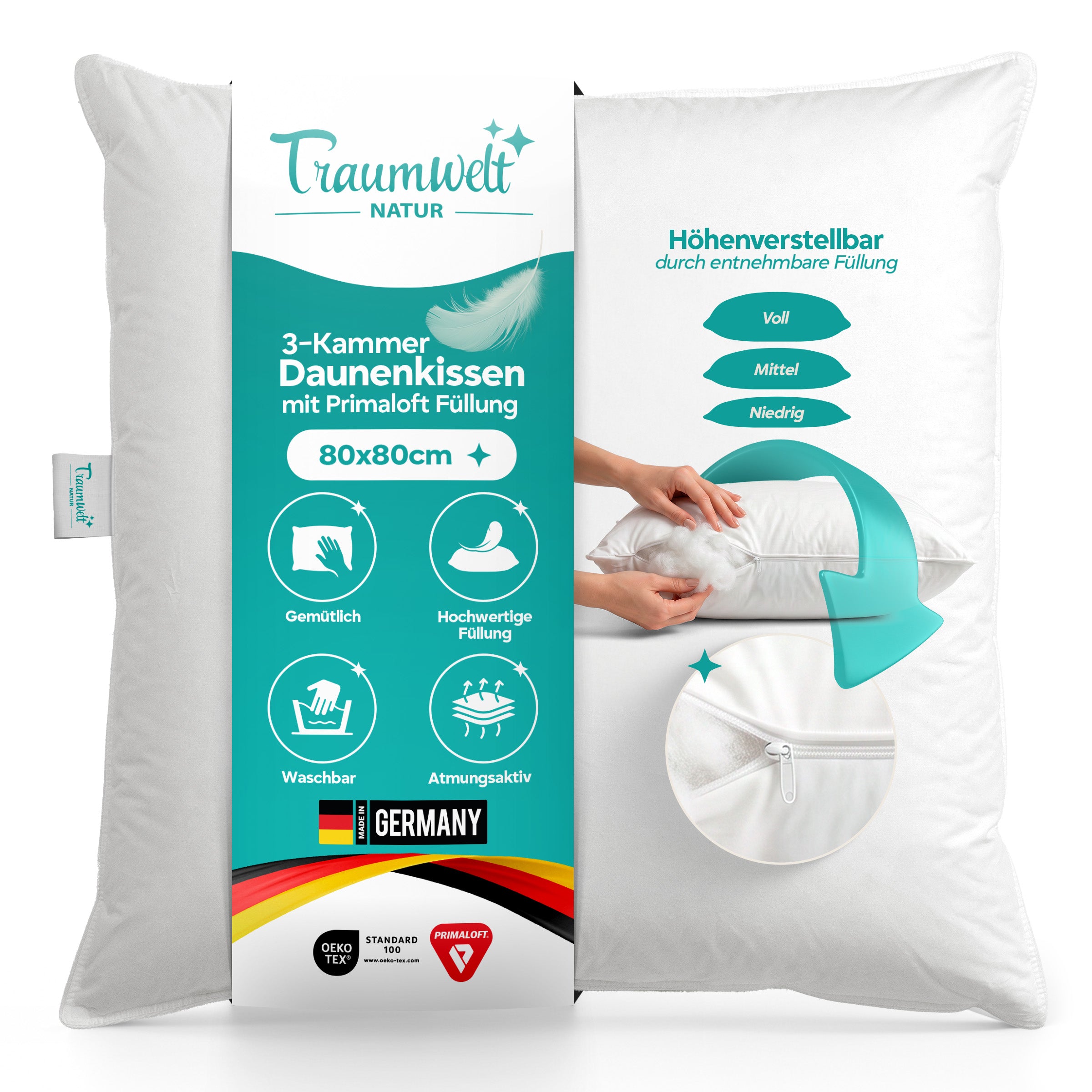 3-Kammer Hybrid Kissen – Daunen & Primaloft Bio