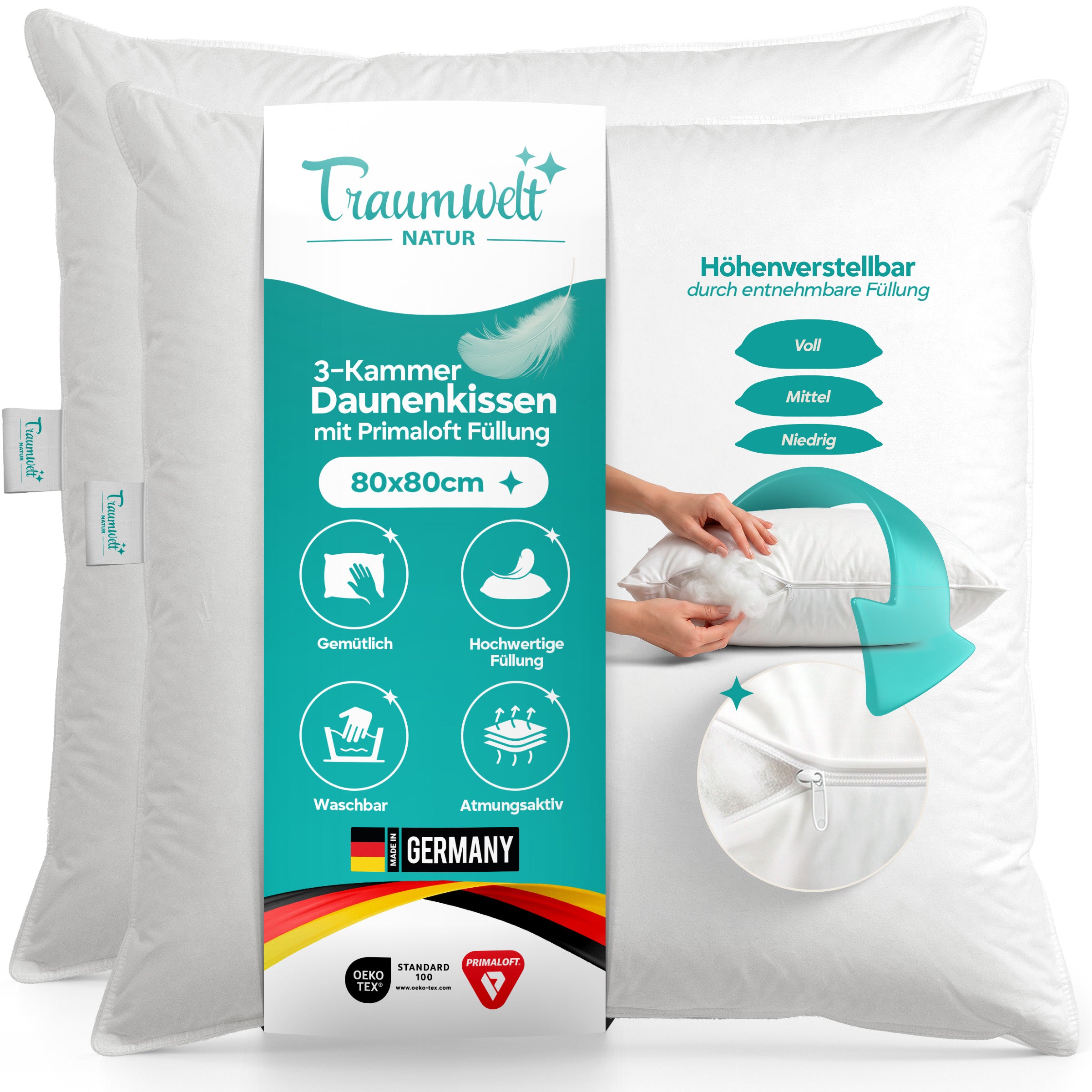 3-Kammer Hybrid Kissen – Daunen & Primaloft Bio