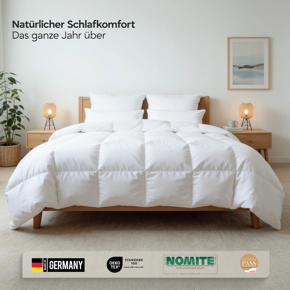 Ganzjahres-Daunendecke 90 % Daunen auf einem Bett im Schlafzimmer