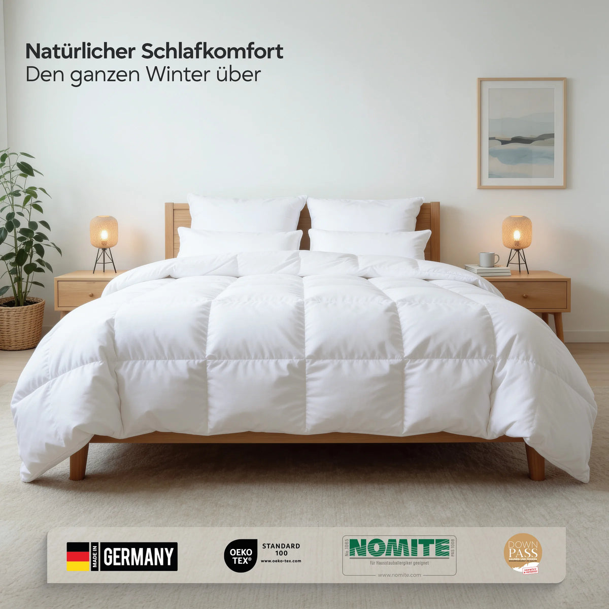 Winter-Daunendecke 90 % Daunen im Schlafzimmer mit eingeblendeten Qualitätssiegeln