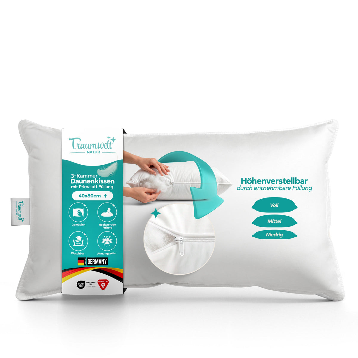3-Kammer Hybrid Kissen mit Daunen und Primaloft Bio im Format 40 × 80 cm