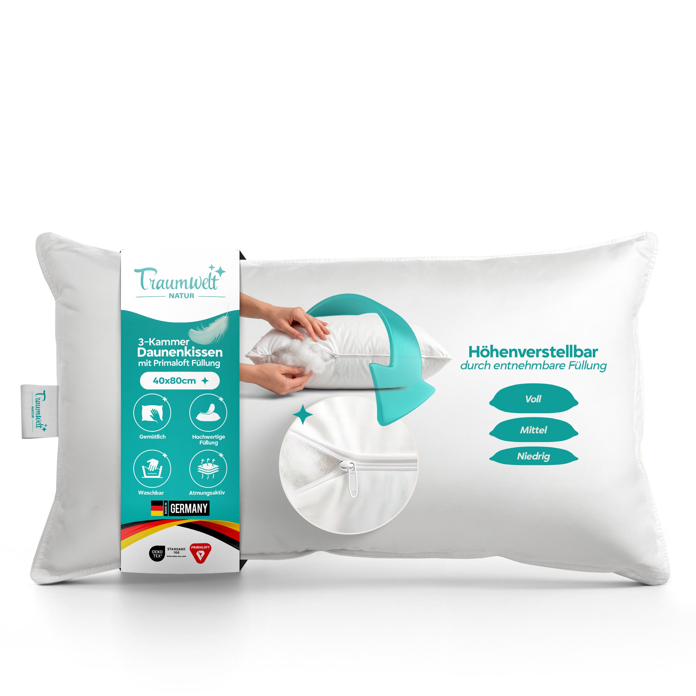 3-Kammer Hybrid Kissen – Daunen & Primaloft Bio
