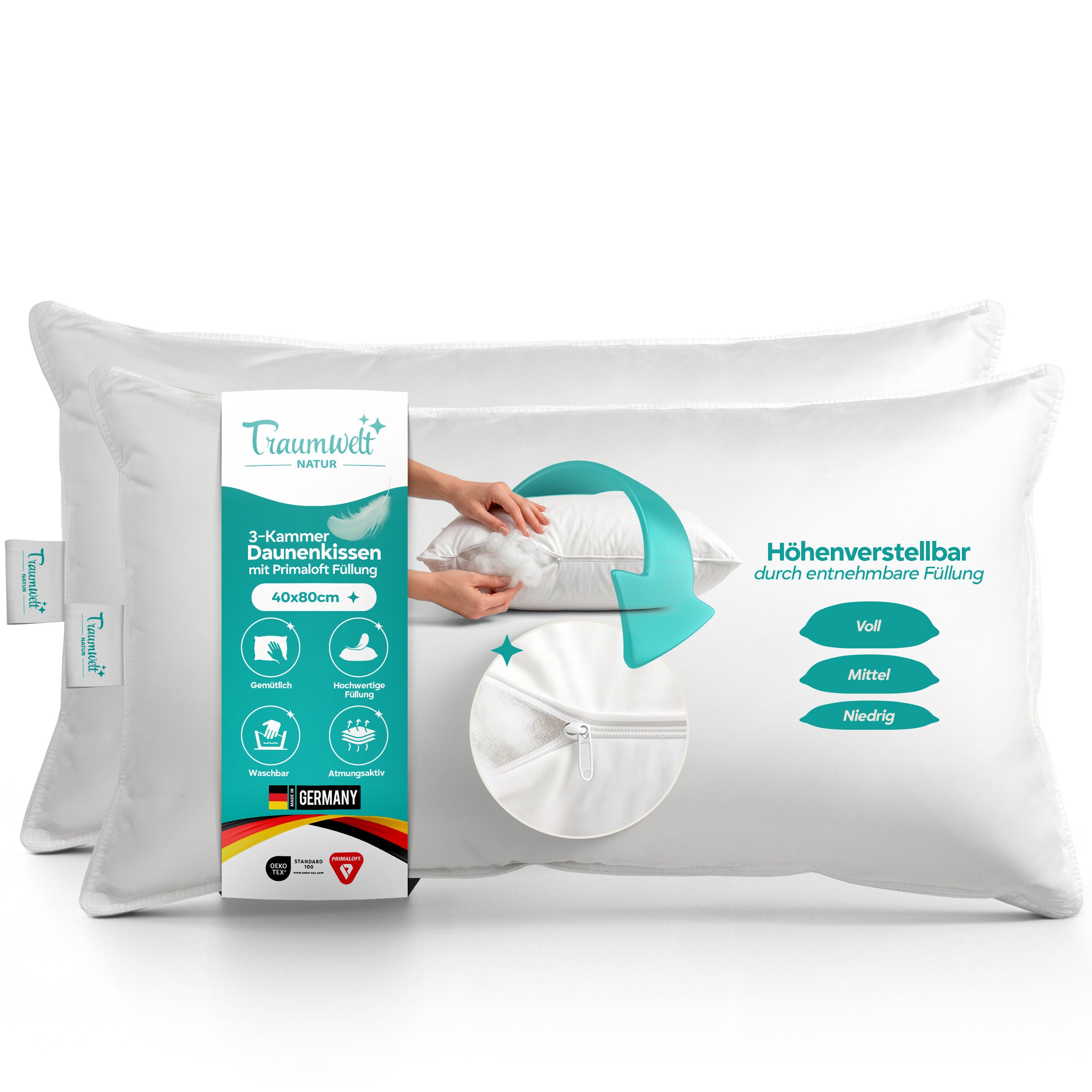 3-Kammer Hybrid Kissen – Daunen & Primaloft Bio