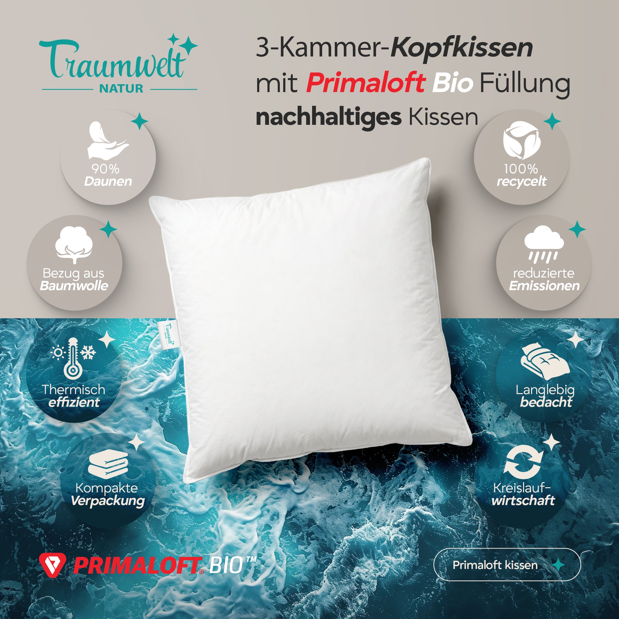 3-Kammer Hybrid Kissen – Daunen & Primaloft Bio