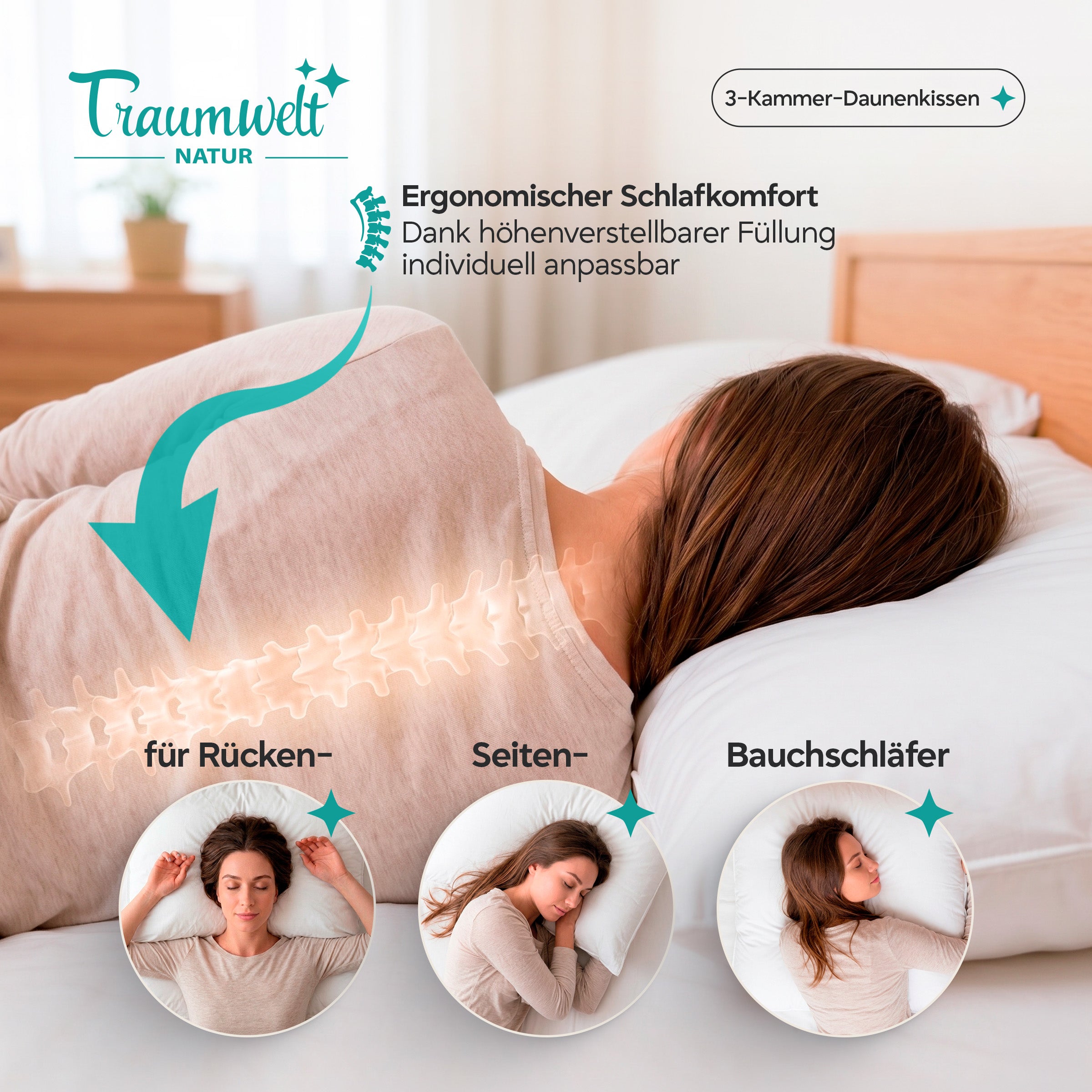 3-Kammer Hybrid Kissen – Daunen & Primaloft Bio
